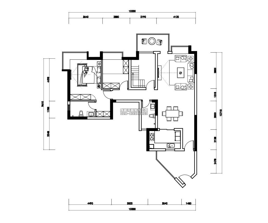 簡歐套三住宅家具布置平面設計圖